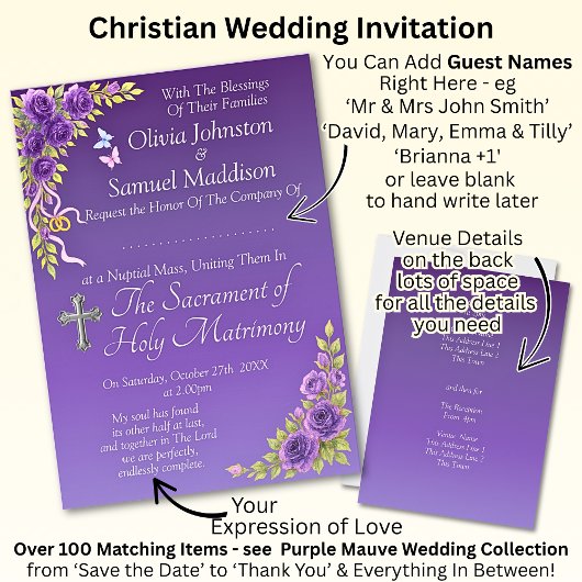 Guest Names, Christian Purple Mauve Flowers White Kaart