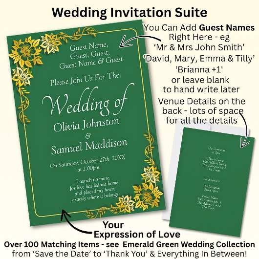 Guest Names, Emerald Green & Gold Wedding  Kaart