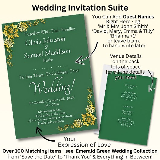 Guest Names, Emerald Green & Gold Wedding  Kaart