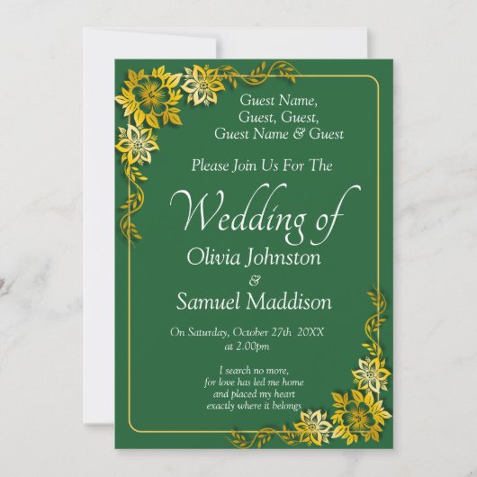 Guest Names, Emerald Green & Gold Wedding  Kaart (Voorkant)