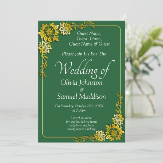 Guest Names, Emerald Green & Gold Wedding  Kaart (Staand voorkant)