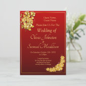 Guest Names, Gold Roses Maroon Red Wedding Kaart (Staand voorkant)