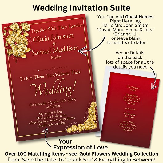 Guest Names, Gold Roses Maroon Red Wedding  Kaart