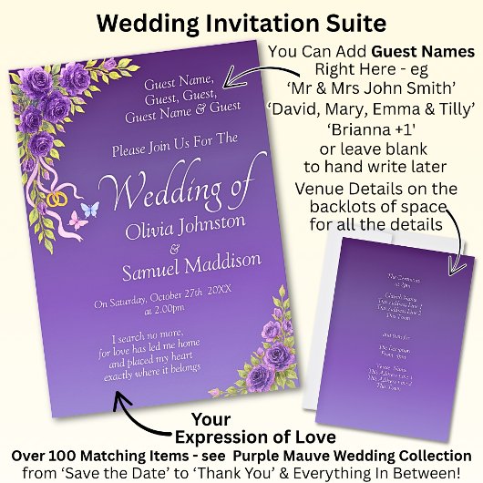 Guest Names, Purple Mauve Flowers & White Kaart