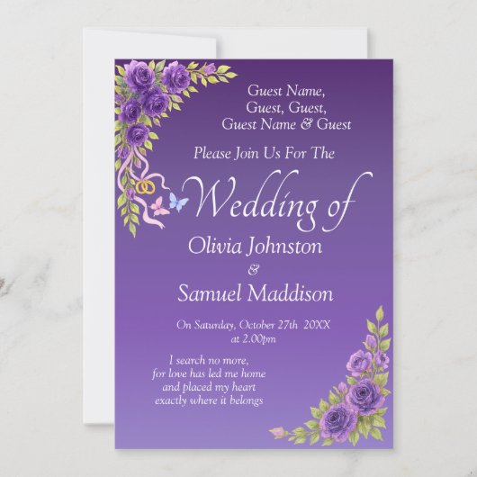Guest Names, Purple Mauve Flowers & White Wedding  Kaart (Voorkant)