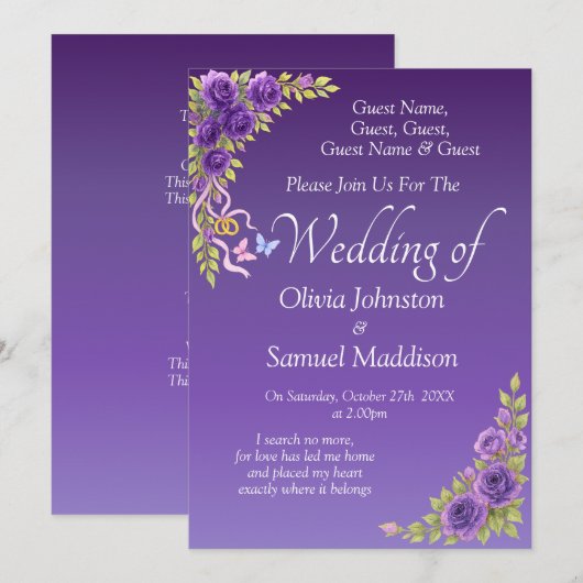 Guest Names, Purple Mauve Flowers & White Wedding  Kaart (Voorkant / Achterkant)