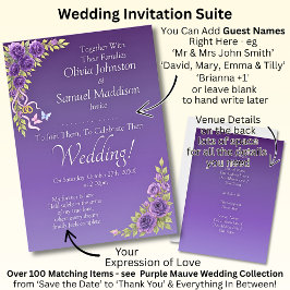 Guest Names, Purple Mauve Flowers & White Wedding  Kaart