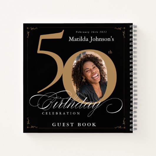 Guestbook 50e verjaardag zwarte goudkalligrafie notitieboek (Achterkant)