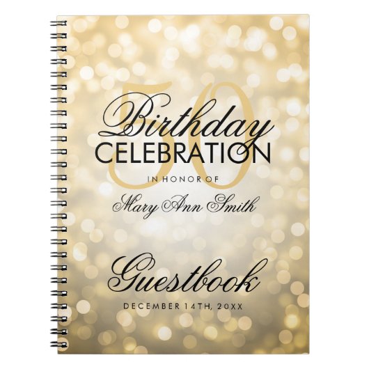 Guestbook 50th Birthday Party Gold Glitter Light Notitieboek (Voorkant)