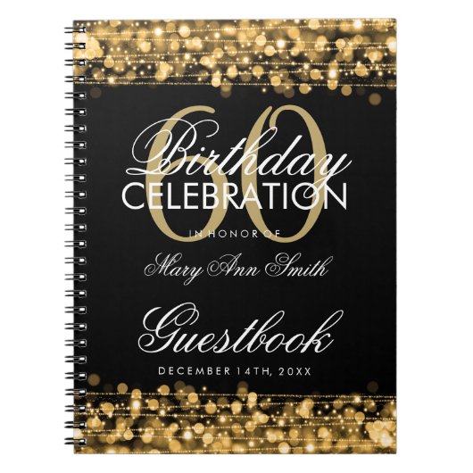 Guestbook 60th Birthday Party Sparkles Gold Notitieboek (Voorkant)