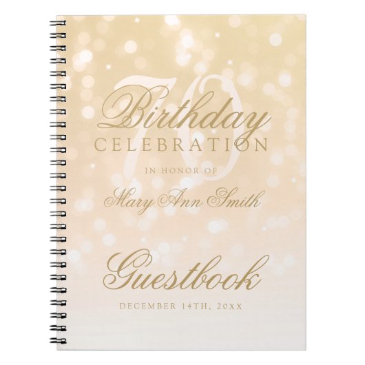 Guestbook 70th Birthday Gold Bokeh Sparkle Lights Notitieboek (Voorkant)