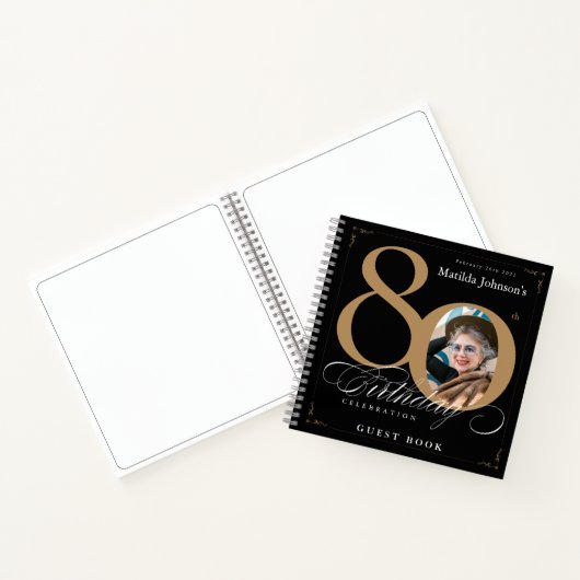 Guestbook 80th Birthday Black Gold Calligraphy Notitieboek (Binnen)