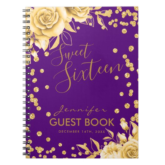Guestbook Gold Paars Sweet 16 Glitter Floral Notitieboek (Voorkant)