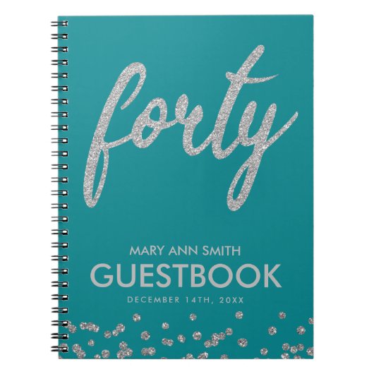 Guestbook Silver Blauwgroen 40 Birthday Glitter Notitieboek (Voorkant)