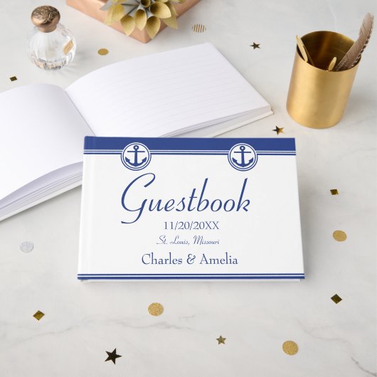 Guestbook van Navy Blue Nautical Anchor Wedding Da Gastenboek (Voorkant open)