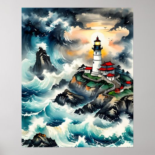 Guiding Light - serene vuurtorenscène Poster (Voorkant)