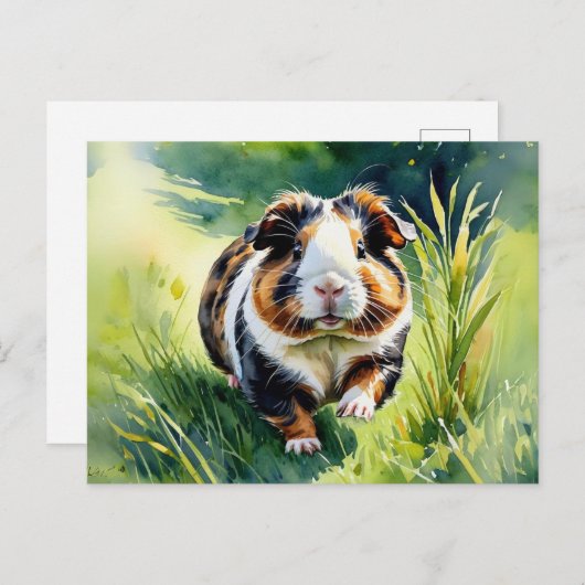 Guinea Pig on Grass Pet Lover Cavy Waterverf Briefkaart (Voorkant / Achterkant)