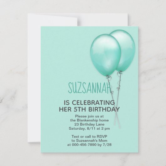 Guinee Pig Blauwgroen Ballonnen Custom Verjaardag Kaart (Achterkant)