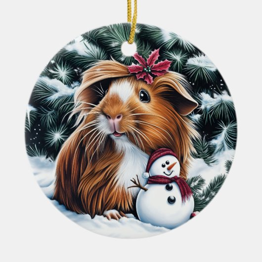 Guinee Pig en Sneeuwman Kerstmis Keramisch Ornament (Voorkant)