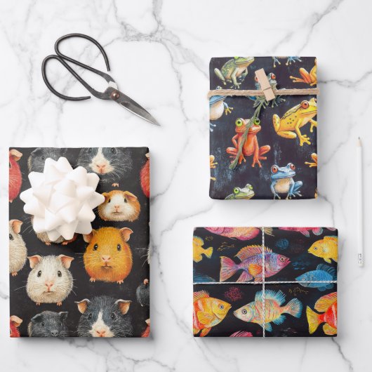 Guinee Pig, Frog & Fish Chalk Tekening Schattigee  Inpakpapier Vel (Voorkant)