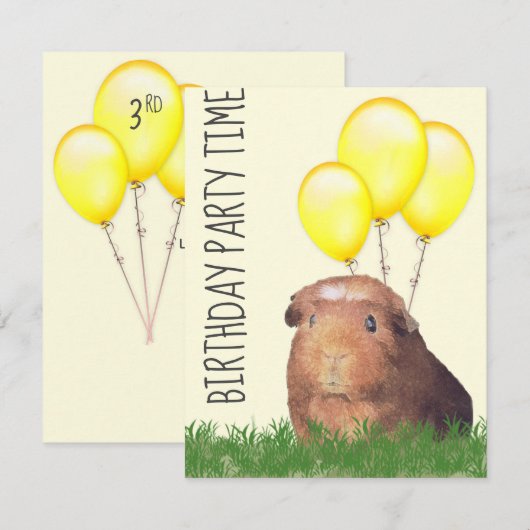 Guinee Pig Gele Ballons Aangepaste Verjaardag Invi Kaart (Voorkant / Achterkant)