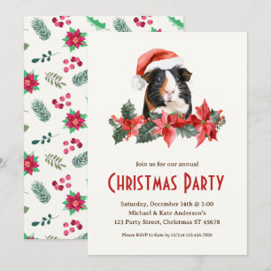 Guinee Pig Santa Hat Poinsettias Kerstfeest Kaart
