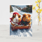 Guinee Pig Sled Ride Kerstmis Kaart (Gele Bloem)