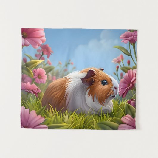 Guinee Pig te midden van de roze bloemen Wandkleed (Voorkant (horizontaal))