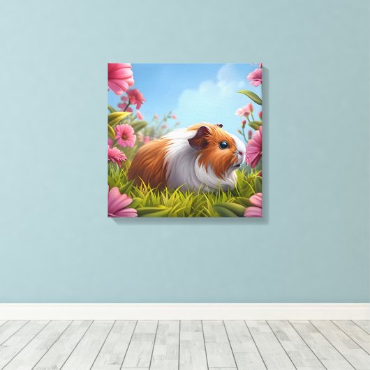 Guinee Pig's Pink Flower Paradise Canvas Afdruk (Insitu (Houten vloer))