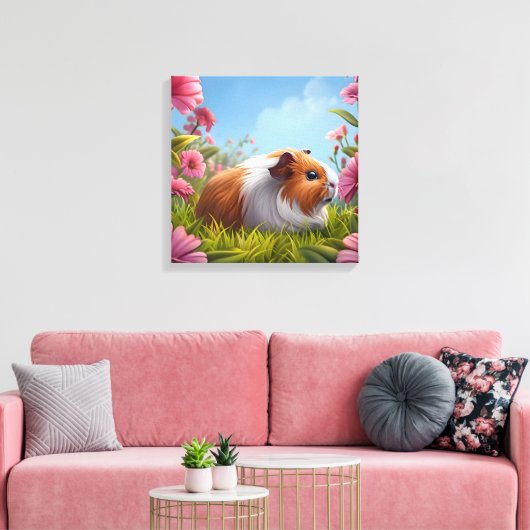 Guinee Pig's Pink Flower Paradise Canvas Afdruk (Insitu (Woonkamer))