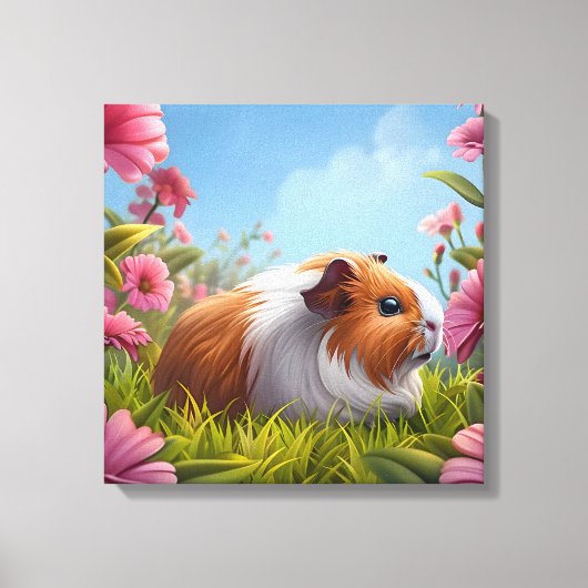 Guinee Pig's Pink Flower Paradise Canvas Afdruk (Voorkant)