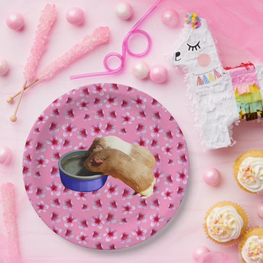 Guinee stijgt op roze bloesems, papieren bordje (Feest)