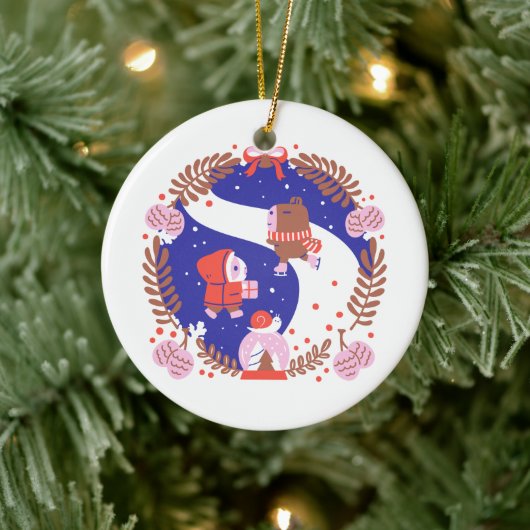 Guinese varken en Capybara Winter Village Keramisch Ornament (Boom)