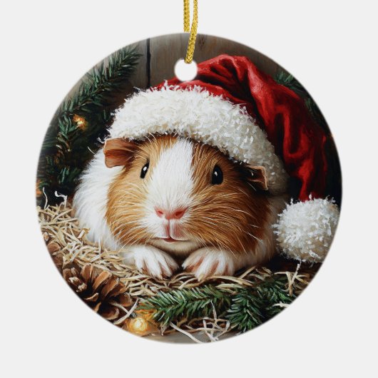 Guinese varken met een Santa Hat Keramisch Ornament (Voorkant)
