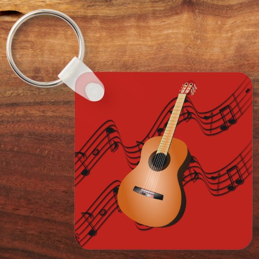 Guitaar op heldere rode achtergrond sleutelhanger (Voorkant)