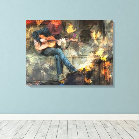 Guitaar Player in Cowboy Pet Canvas Afdruk (Insitu (Houten vloer))