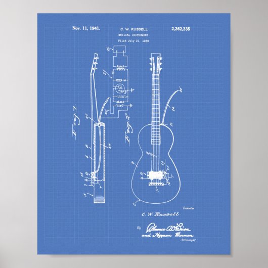 Guitar 1941 Patent Art Blueprint Poster (Voorkant)