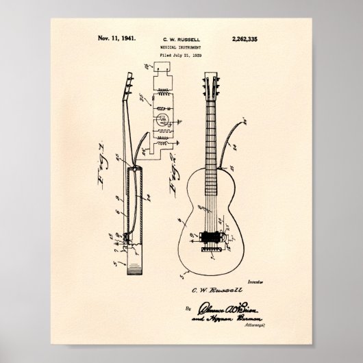Guitar 1941 Patent Art Old Peper Poster (Voorkant)