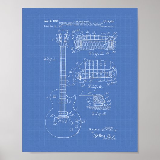 Guitar 1955 Patent Art - Blauwdruk Poster (Voorkant)