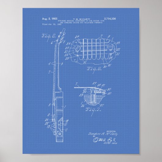 Guitar 1955 Patent Art Blueprint Poster (Voorkant)