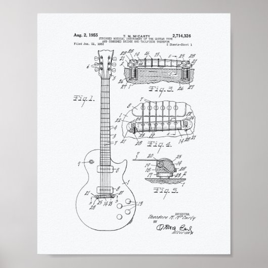 Guitar 1955 Patent Art - Witboek Poster (Voorkant)