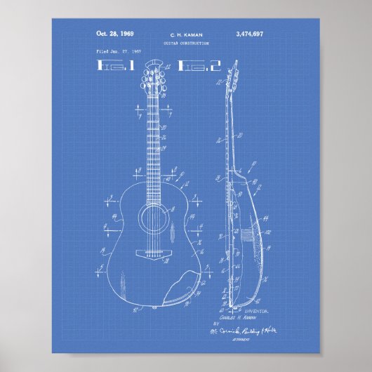 Guitar 1969 Patent Art Blueprint Poster (Voorkant)