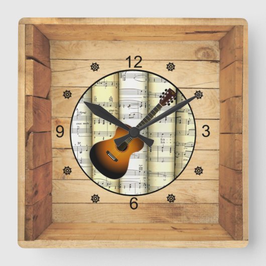 Guitar ~ 3 Dimensional ~ Folk Art Box ~ Vierkante Klok (Voorkant)