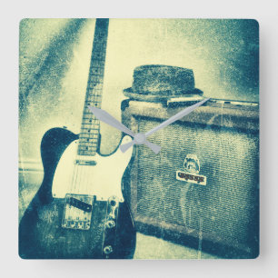guitar amp harmonica bluesman clock vierkante klok