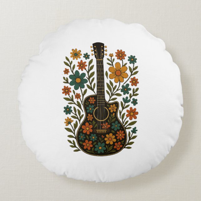 Guitar & Bloom Designs Rond Kussen (Voorkant)