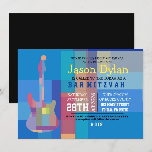 GUITAR BLUES Musical Bar Bat Mitzvah Uitnodiging (Voorkant / Achterkant)