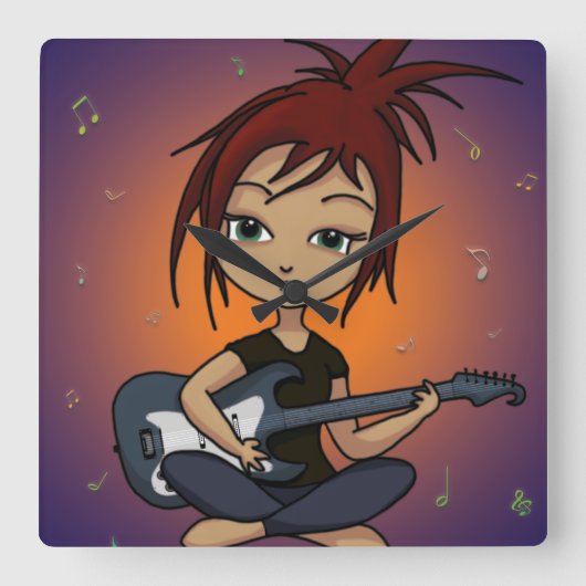 Guitar Chick Vierkante Klok (Voorkant)
