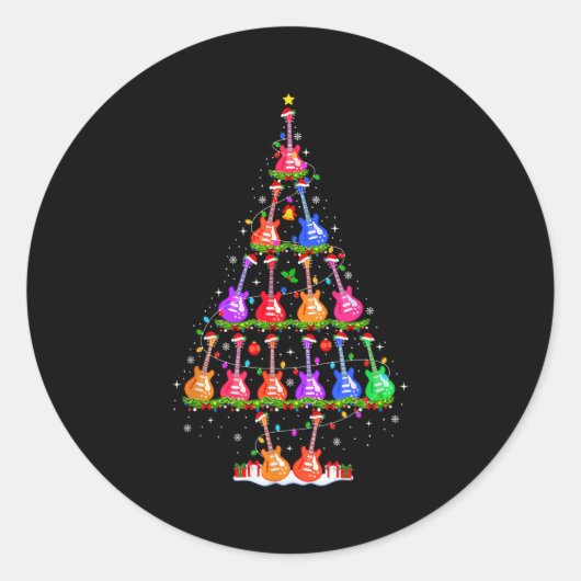 Guitar Christmas Tree Lights Funny Xmas Pajamas Gu Ronde Sticker (Voorkant)