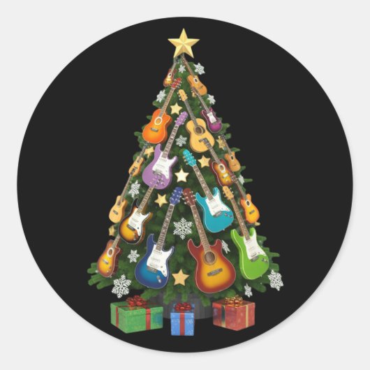 Guitar Christmas Tree Theater Musical Lover Merry  Ronde Sticker (Voorkant)