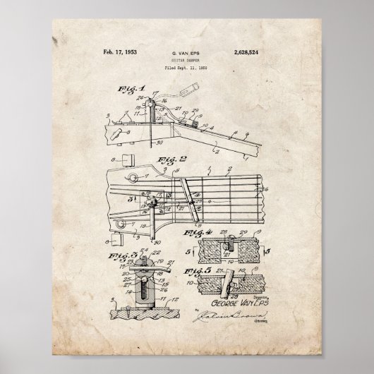 Guitar Damper Patent - Oude look Poster (Voorkant)